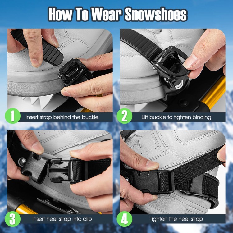 Close-up of the binding system on 4-in-1 lightweight terrain snowshoes, featuring adjustable straps for secure fit.
